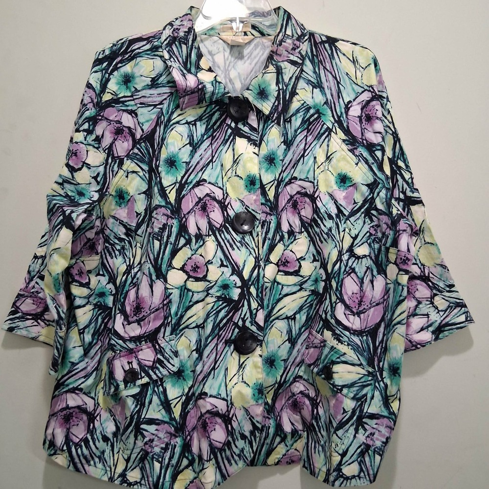 CJ Banks Christopher & Banks Floral Button Front Jacket Purple Green Plus 1X